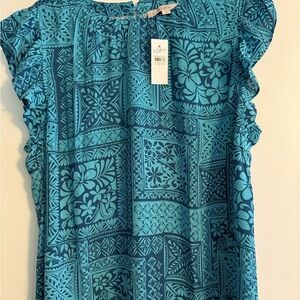 LOFT Green and Blue Flutter Sleeve Ruffled Blouse